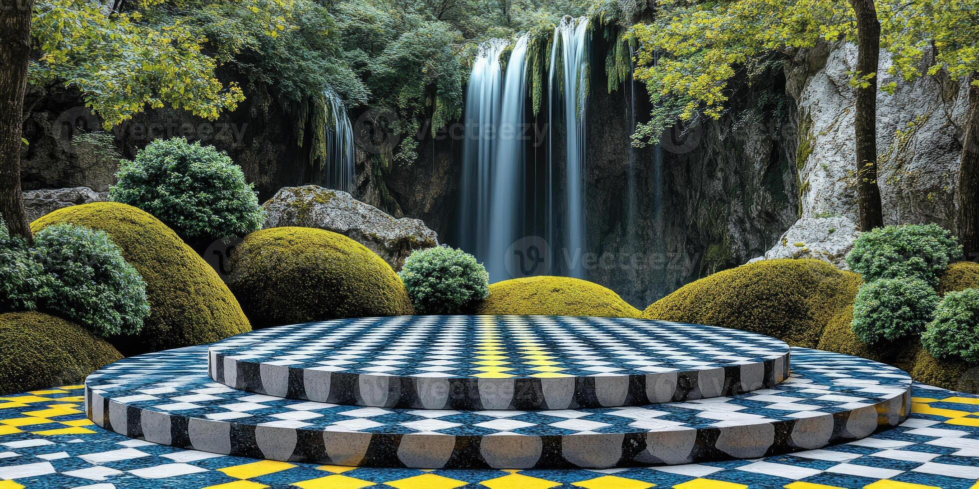 Checkered Stone Platform in Front of a Waterfall photo