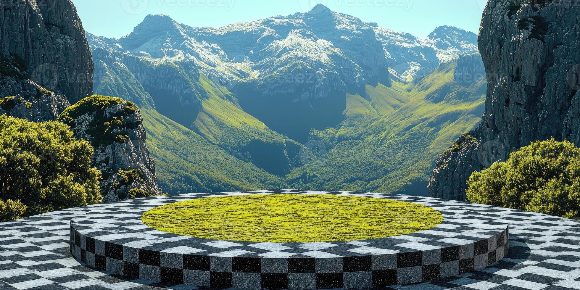 Checkerboard Platform with Grass Top in Mountainous Landscape photo