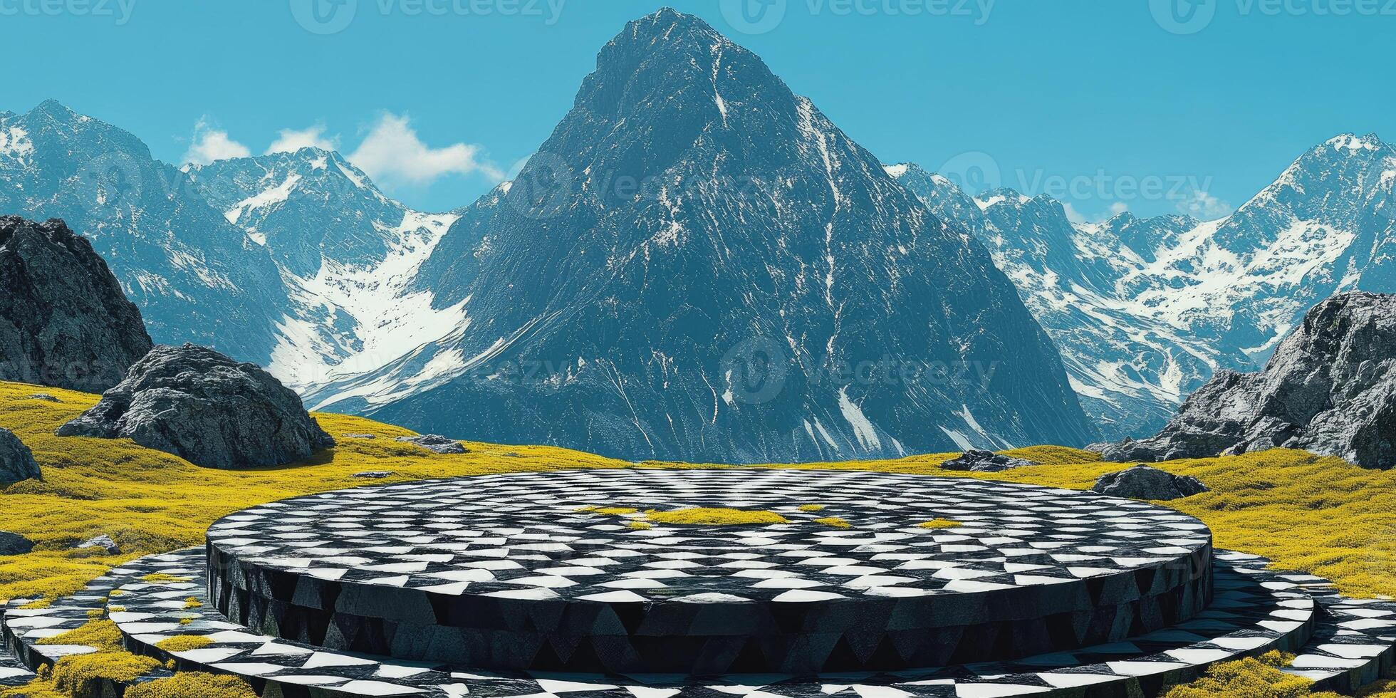 Black and White Stone Platform in Front of Snowy Mountain Range photo