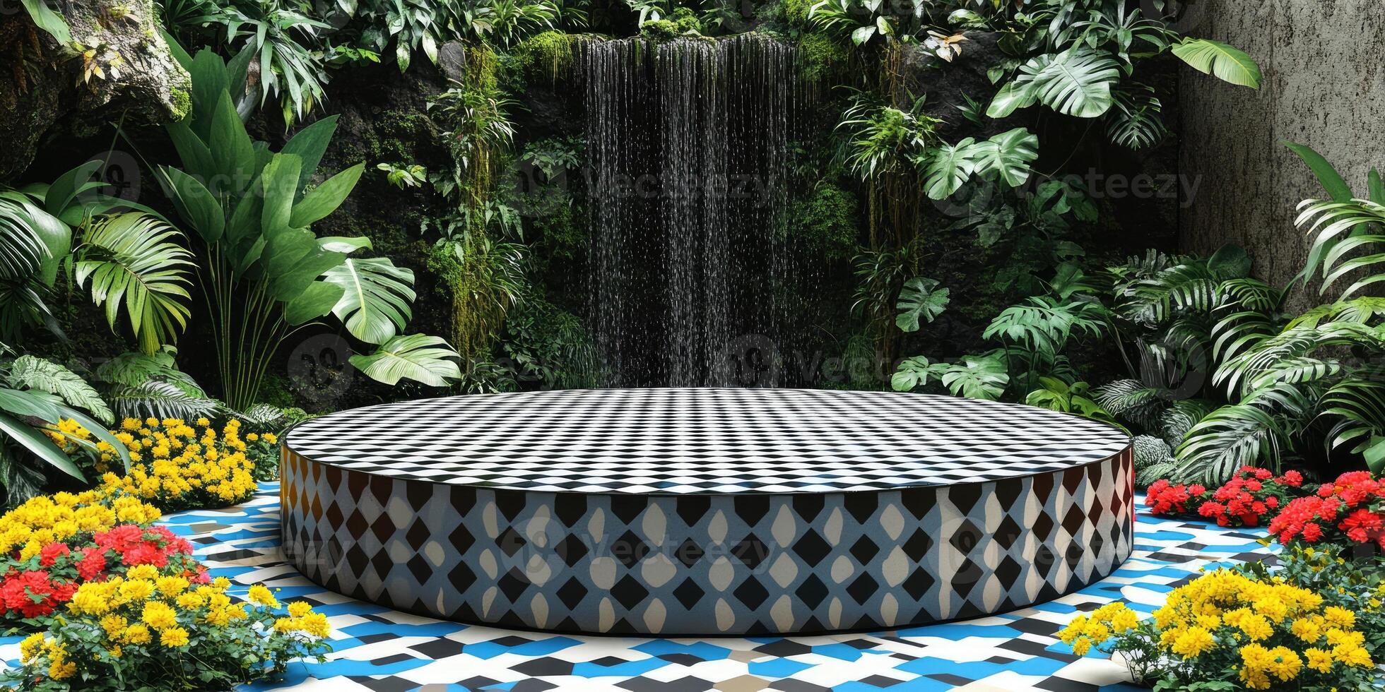 Circular Platform with Checkerboard Pattern in a Lush Tropical Garden with a Waterfall photo