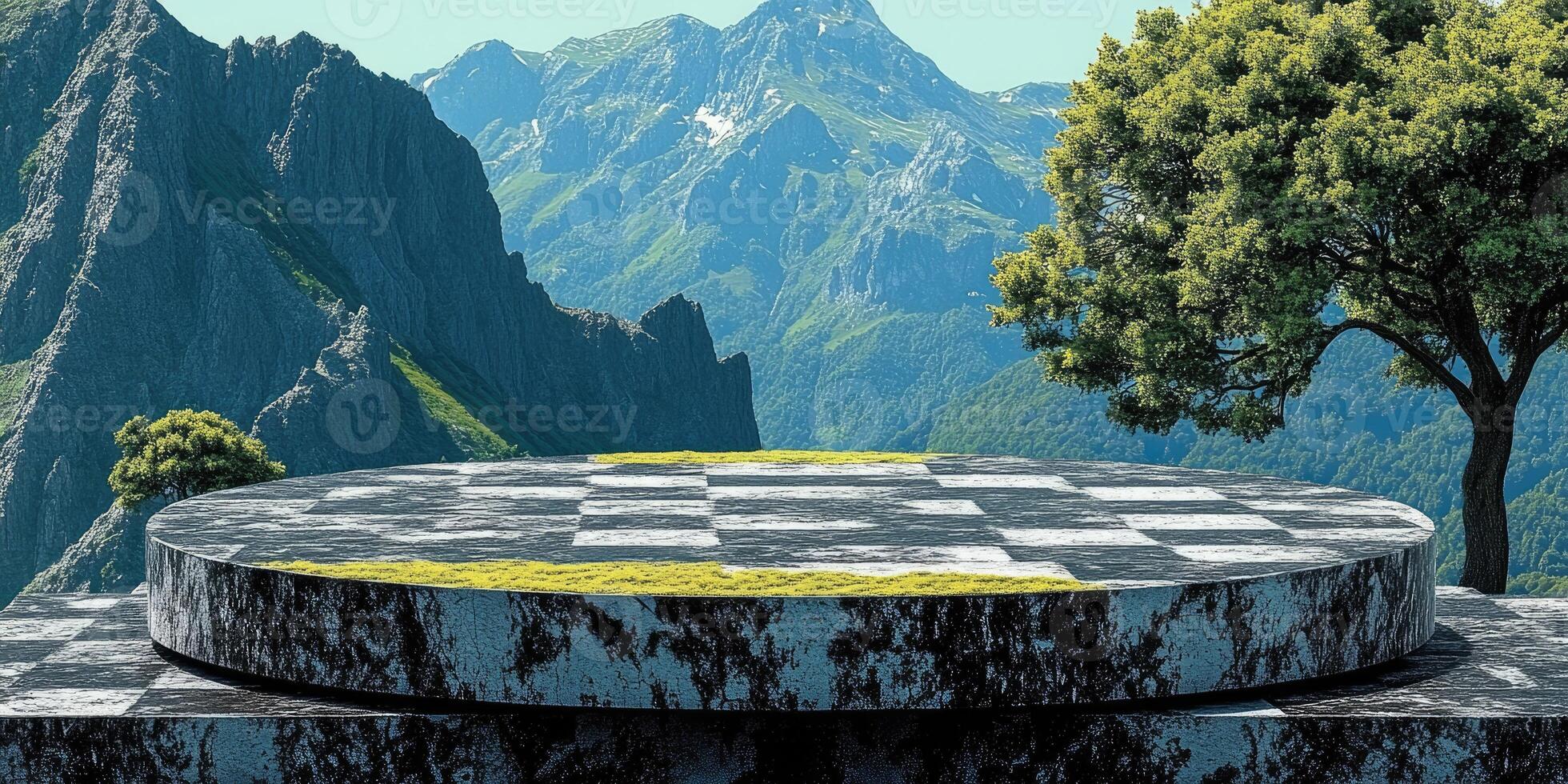 Stone Platform with Checkered Pattern Overlooking Mountainous Landscape photo