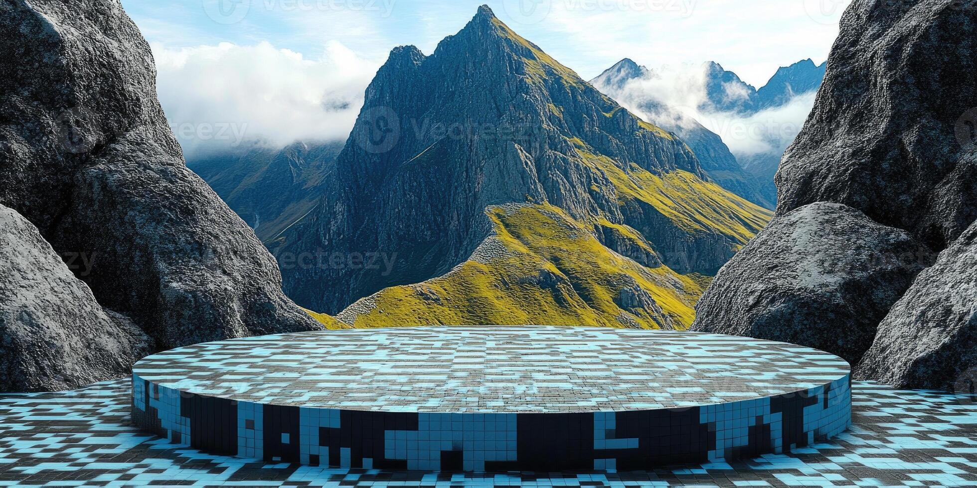 A Blue and Black Checkered Platform Amidst Majestic Mountains photo