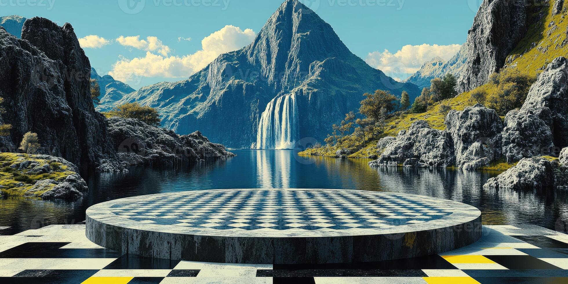 Checkered Platform by a Mountain Waterfall photo
