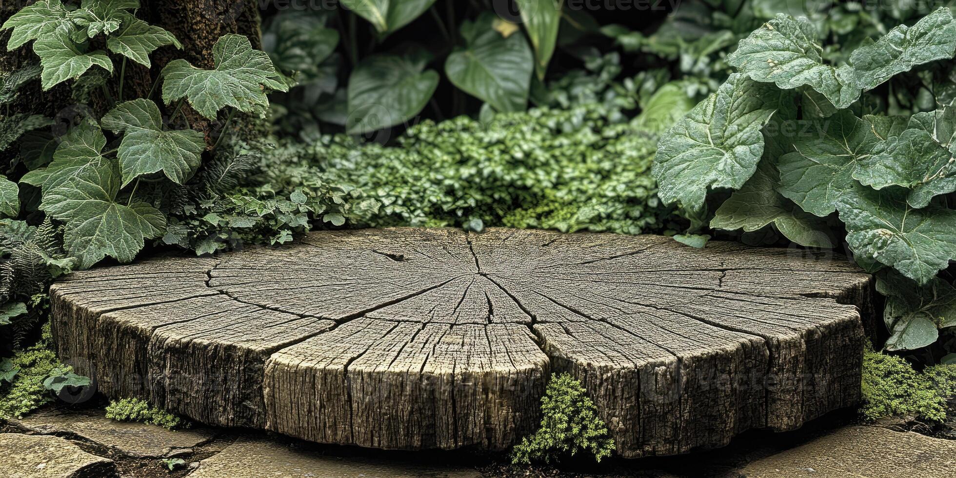 Weathered Tree Trunk Cross Section with Surrounding Greenery photo