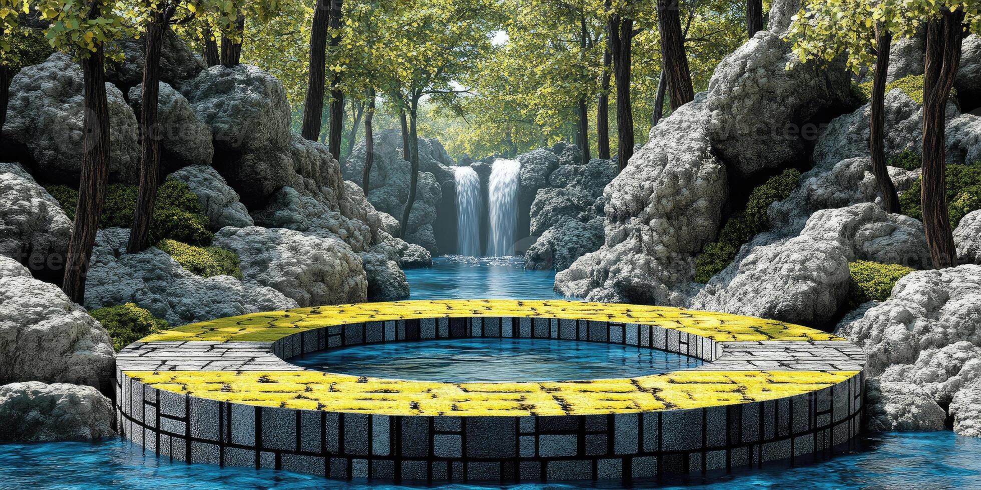 Circular Stone Platform in a Forest with Waterfall and Stream photo