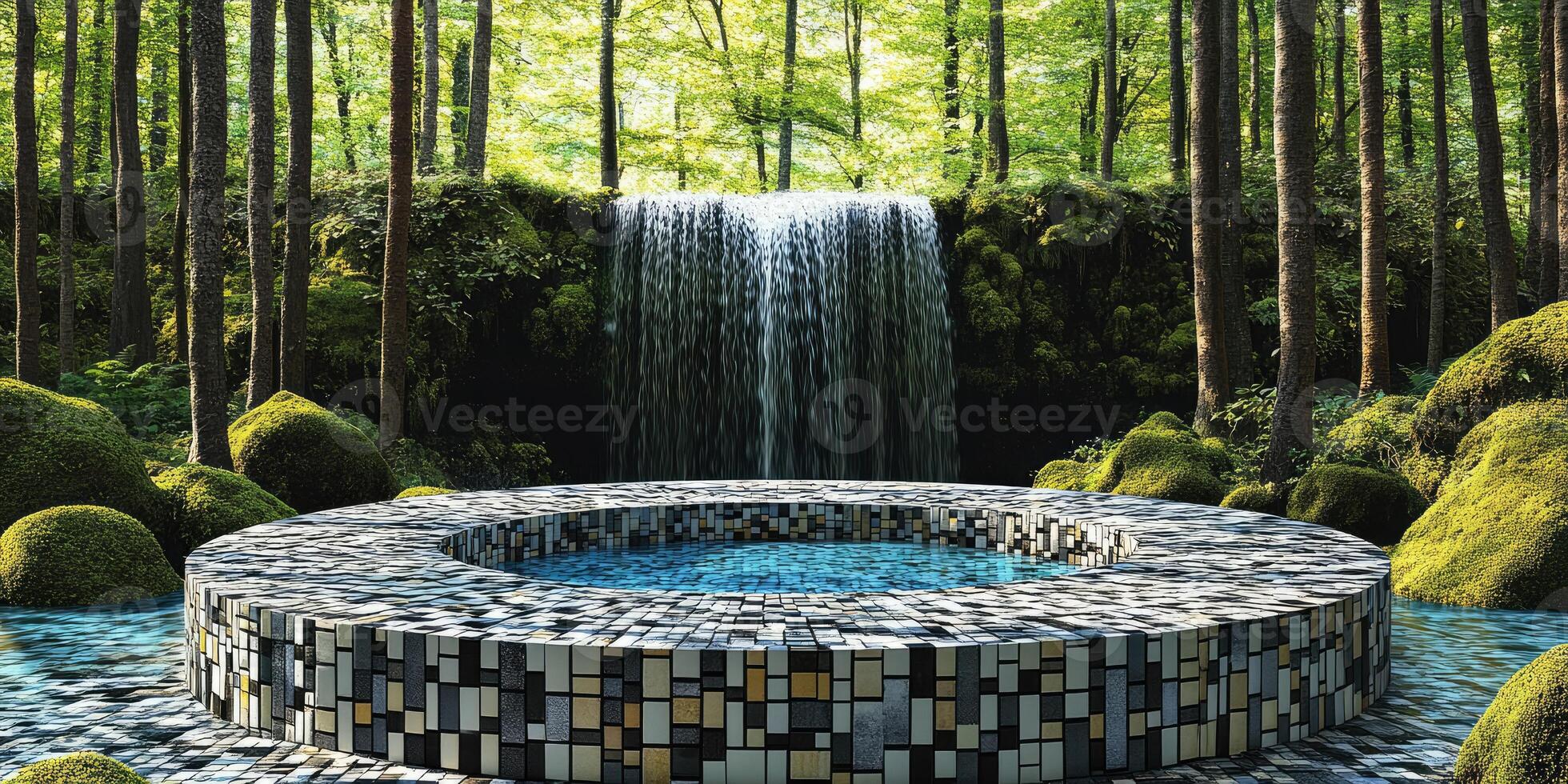 A tiled pool with a waterfall in a lush green forest. photo