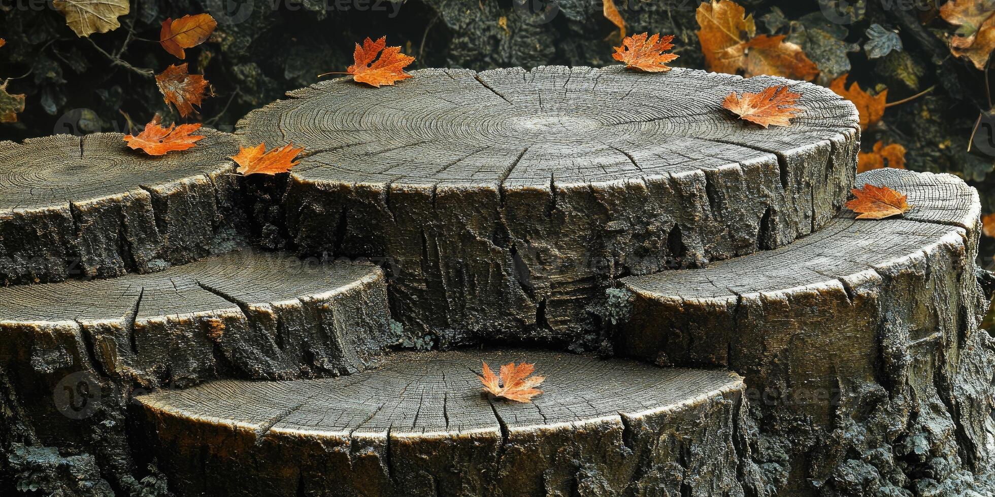 Stacked Tree Trunks with Autumn Leaves photo