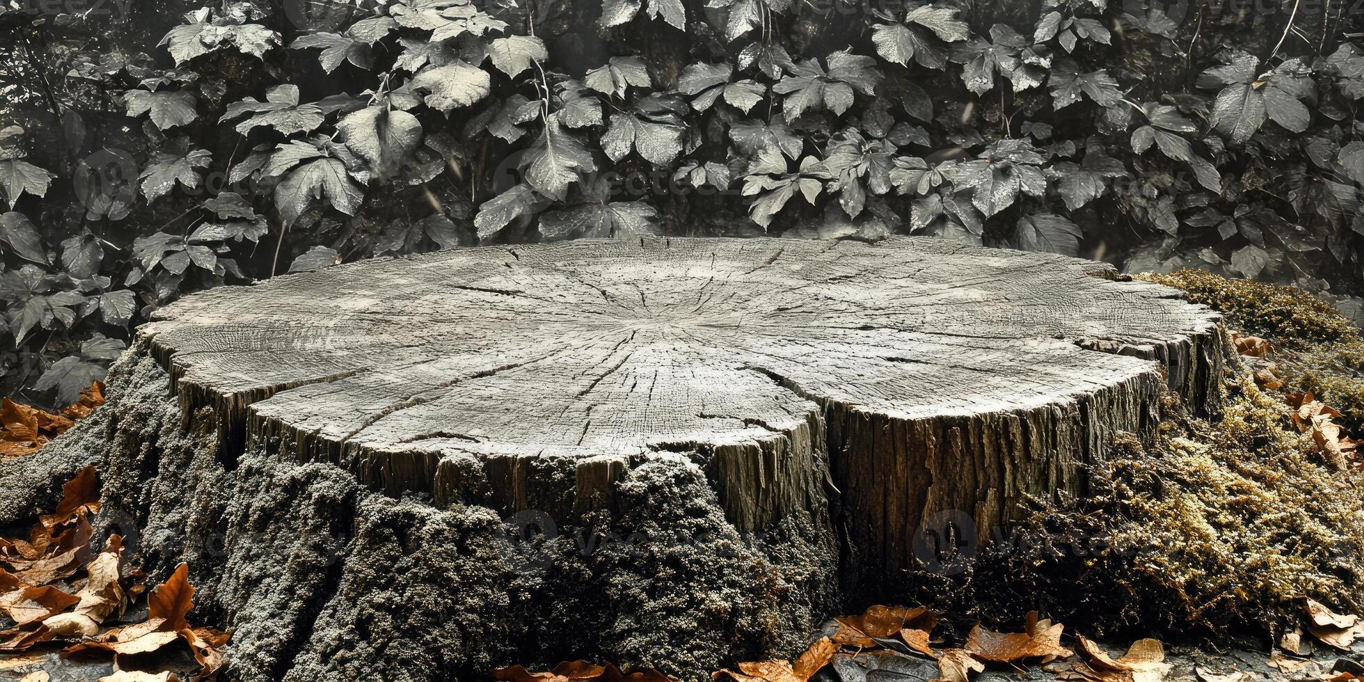 A Weathered Tree Stump with Fallen Leaves and a Background of Greenery photo