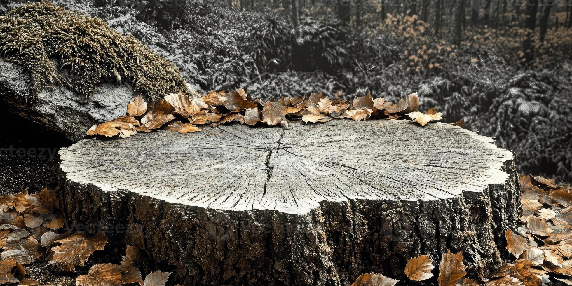 A weathered tree stump with autumn leaves scattered around it photo