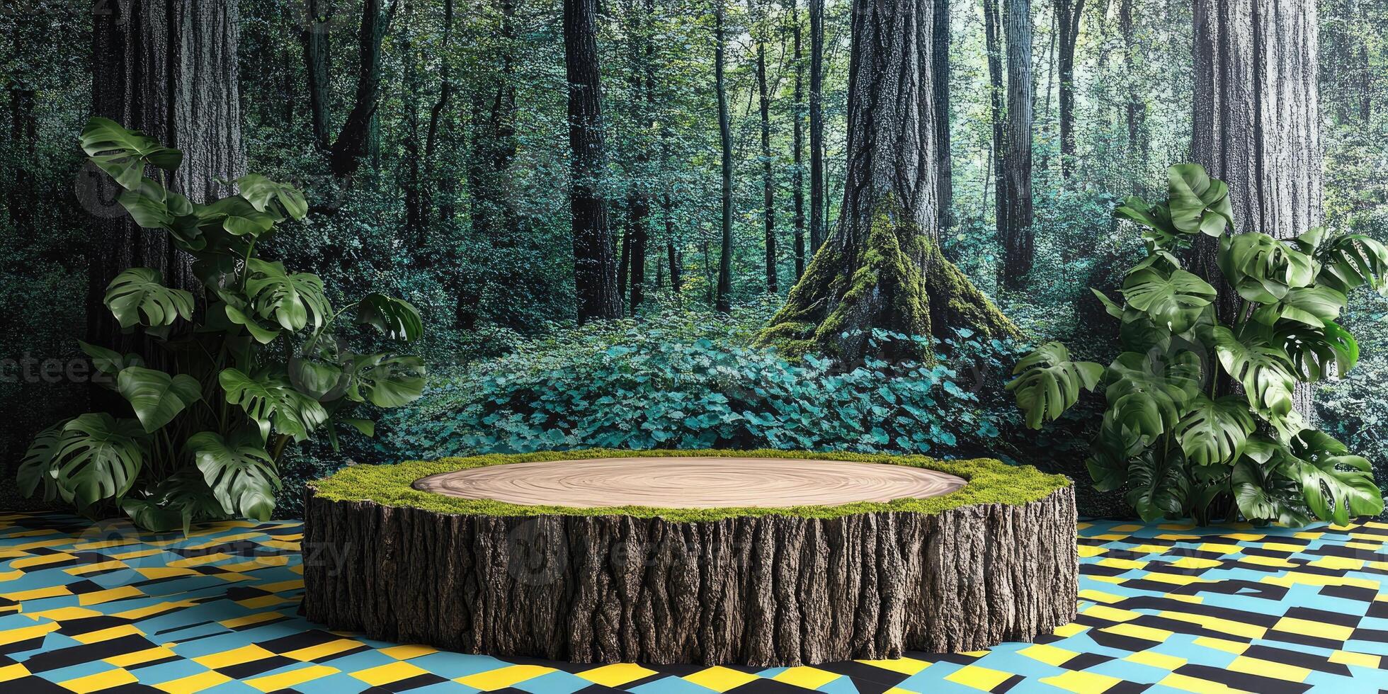 A Tree Stump Display Platform in a Forest Setting photo