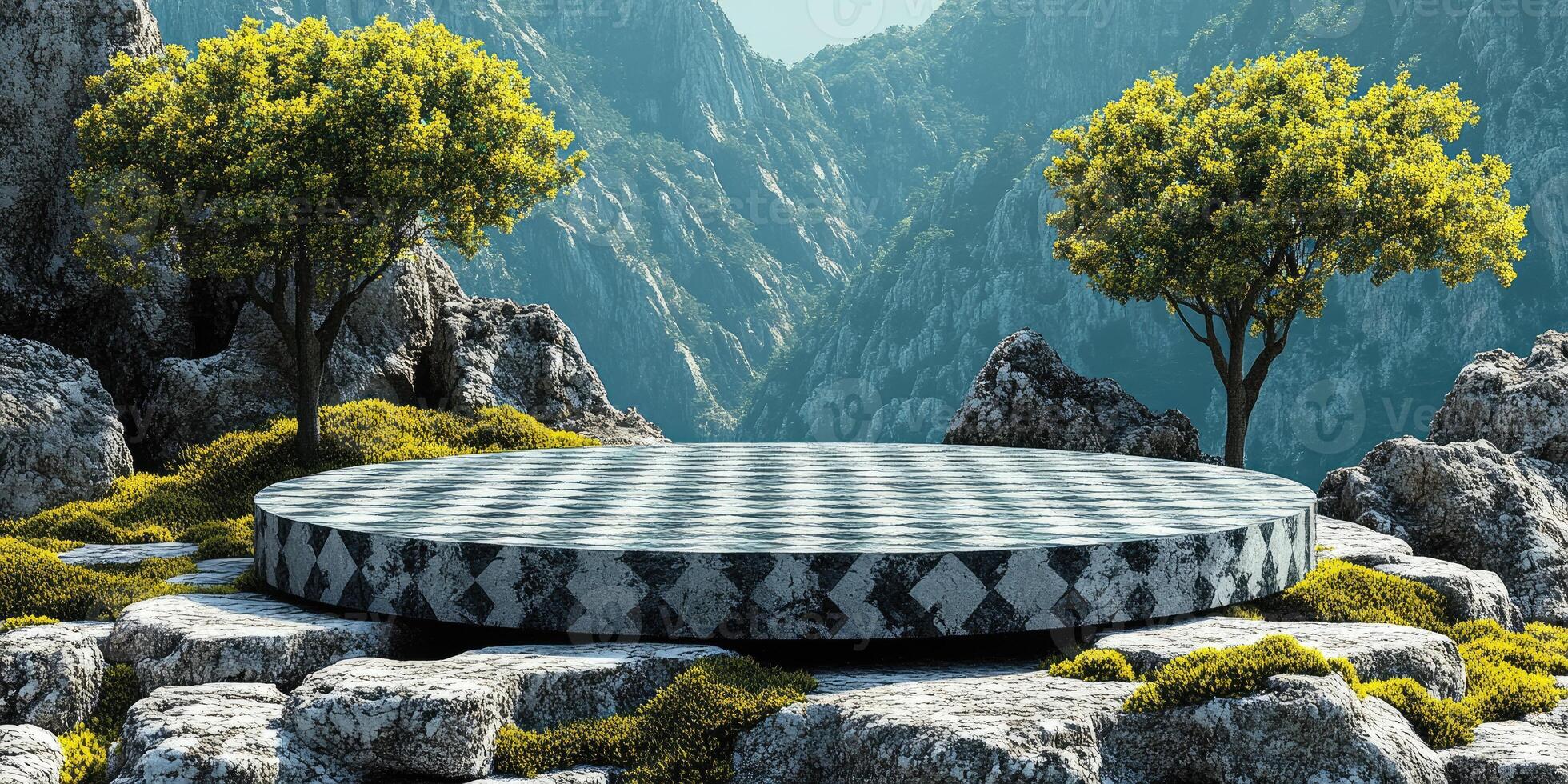 Stone Platform with Checkered Pattern in Mountainous Landscape photo
