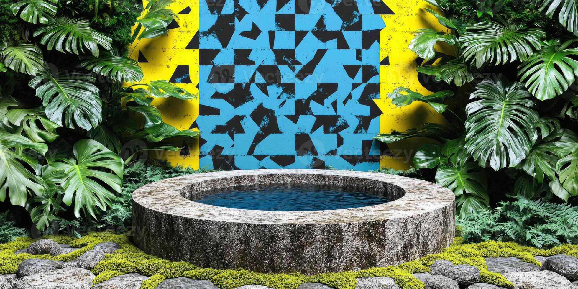 Stone Basin Surrounded by Lush Tropical Foliage and Abstract Wall photo