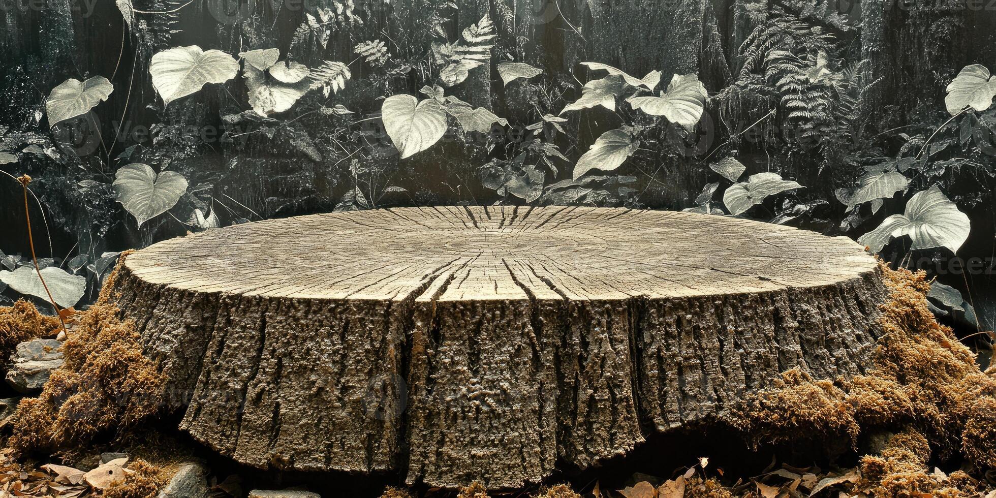 A weathered tree stump with a backdrop of silvered leaves photo