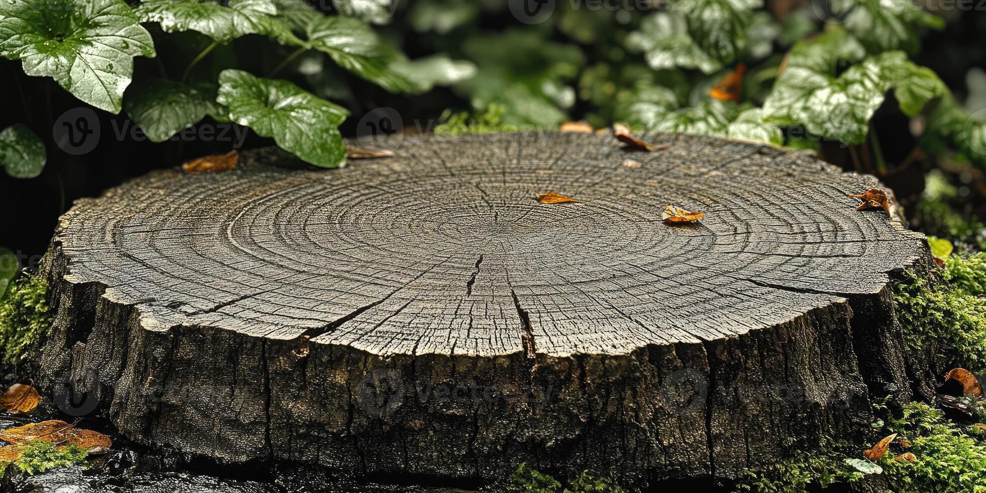 Close-up of a tree stump with rings and fallen leaves photo