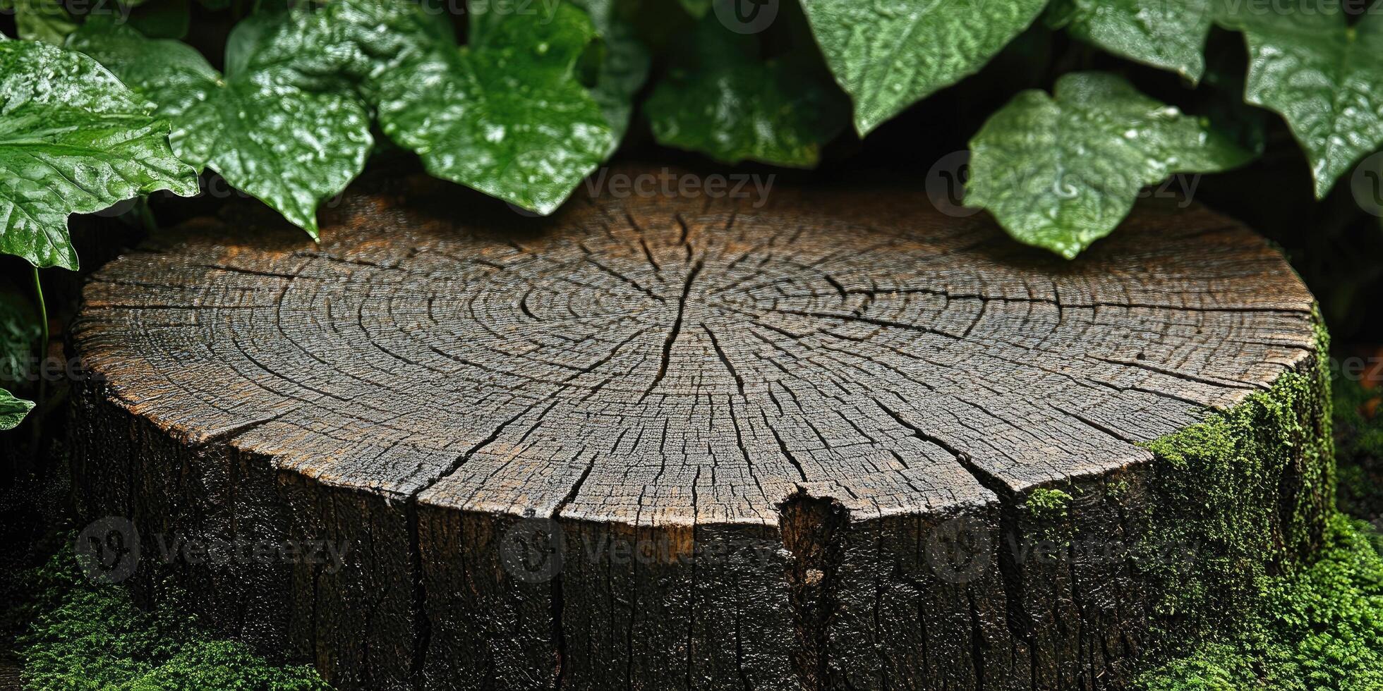 Tree Stump with Green Leaves and Moss photo