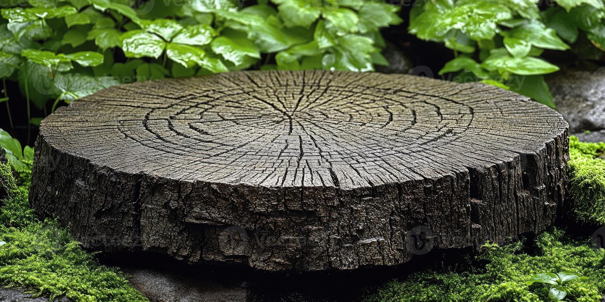 Close-up of a weathered tree trunk with rings and moss photo