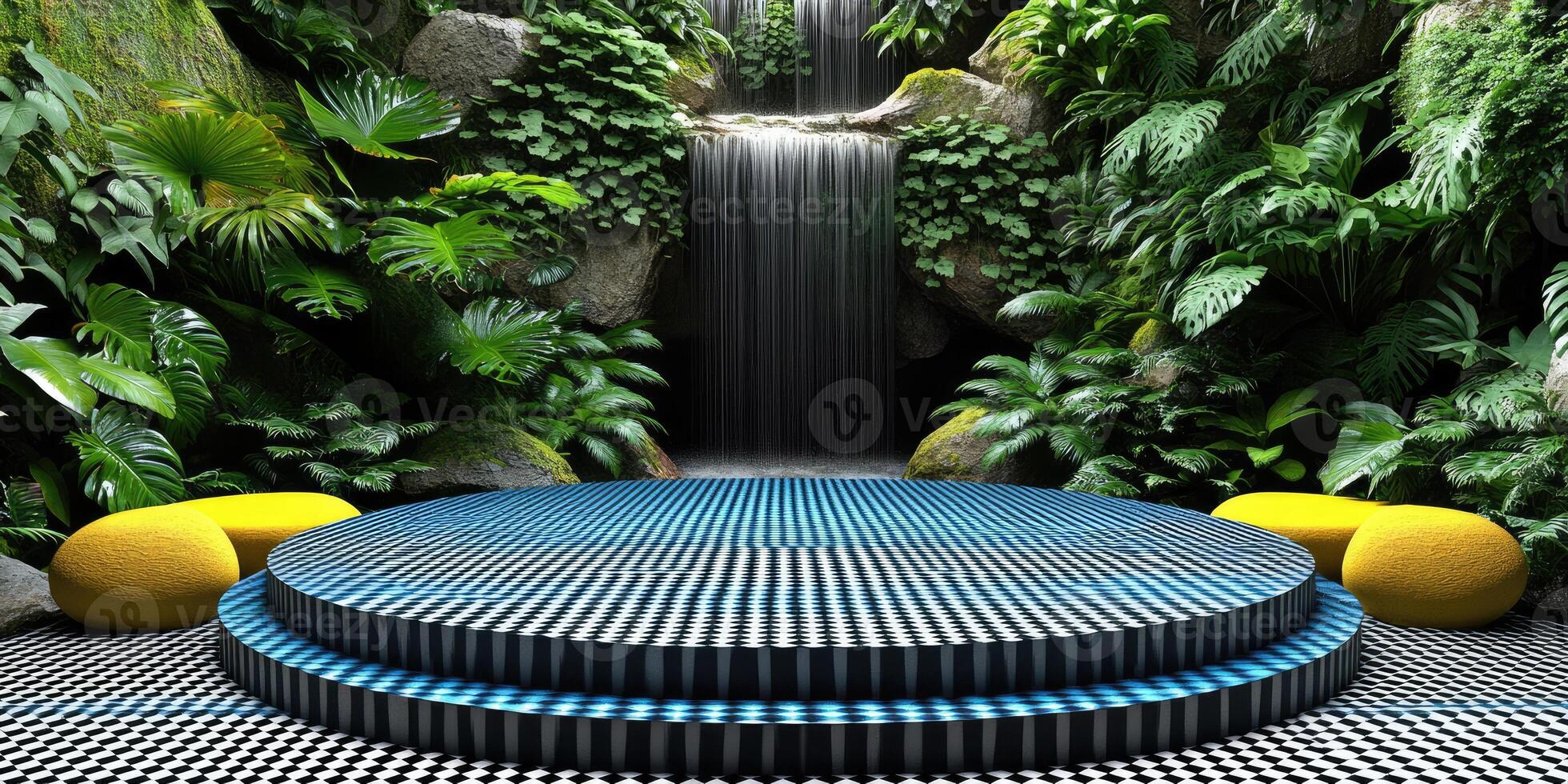 Blue and Black Checkerboard Platform in a Lush Tropical Garden with a Waterfall photo