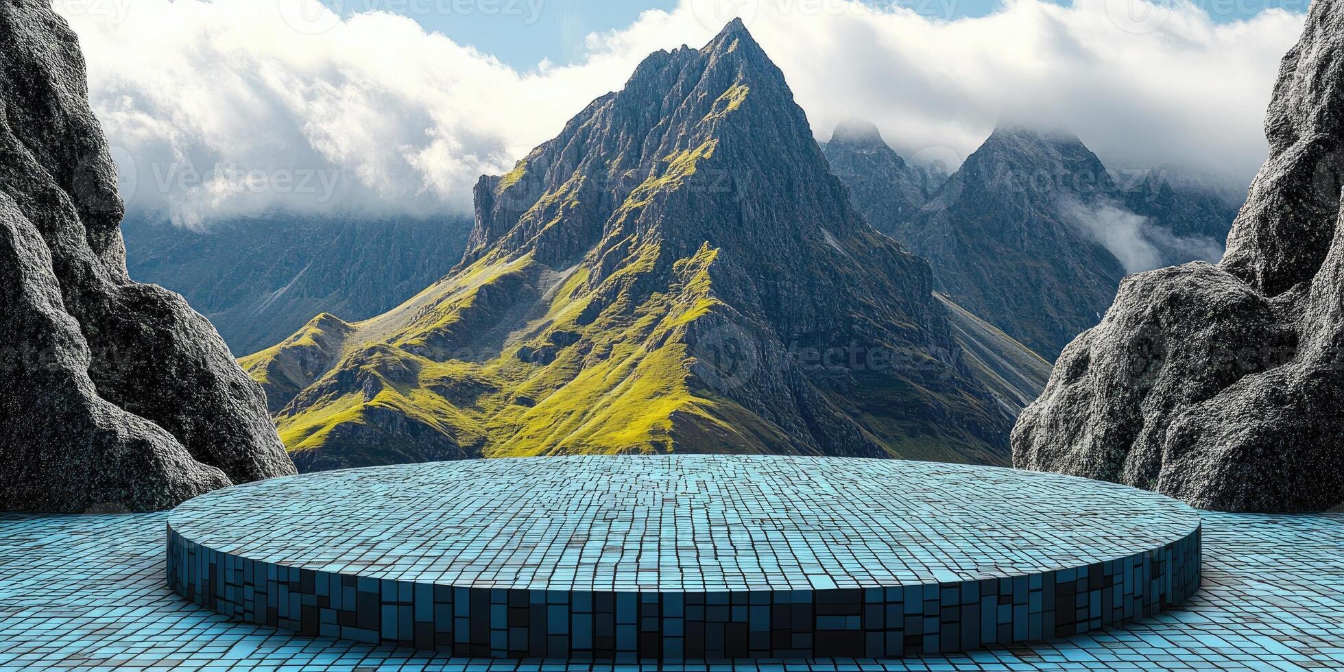 A Blue Tiled Platform In Front of a Mountain Range photo