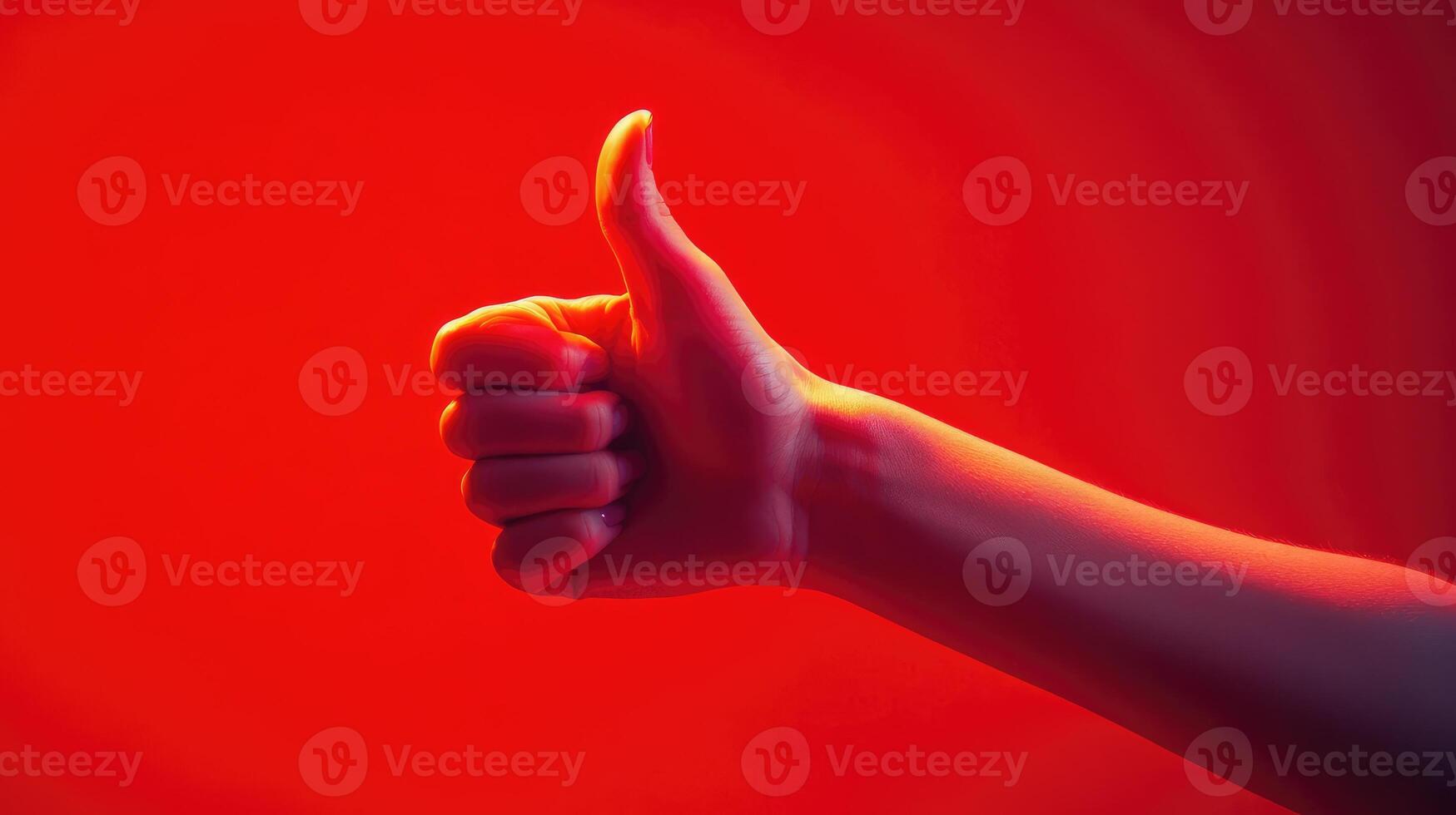 A Hand Giving a Thumbs Up Gesture Against a Red Background photo