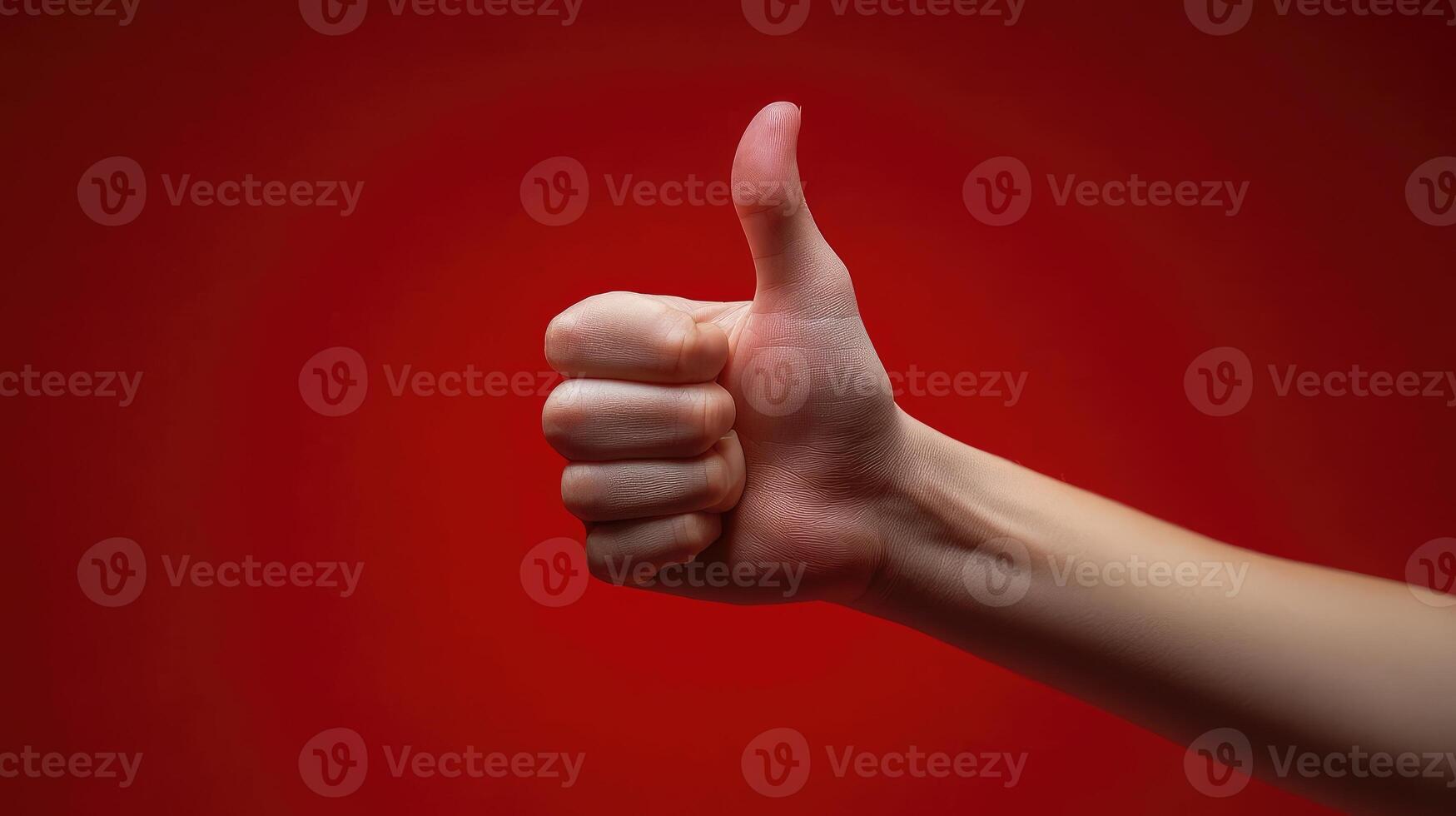 Close-up of a Hand Giving a Thumbs Up Gesture Against a Red Background photo