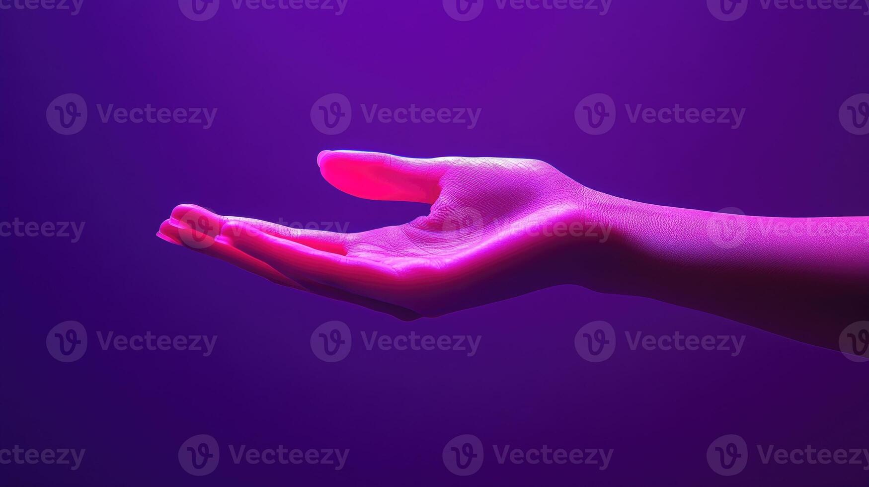 A Pink Hand Reaching Out Against a Purple Background photo