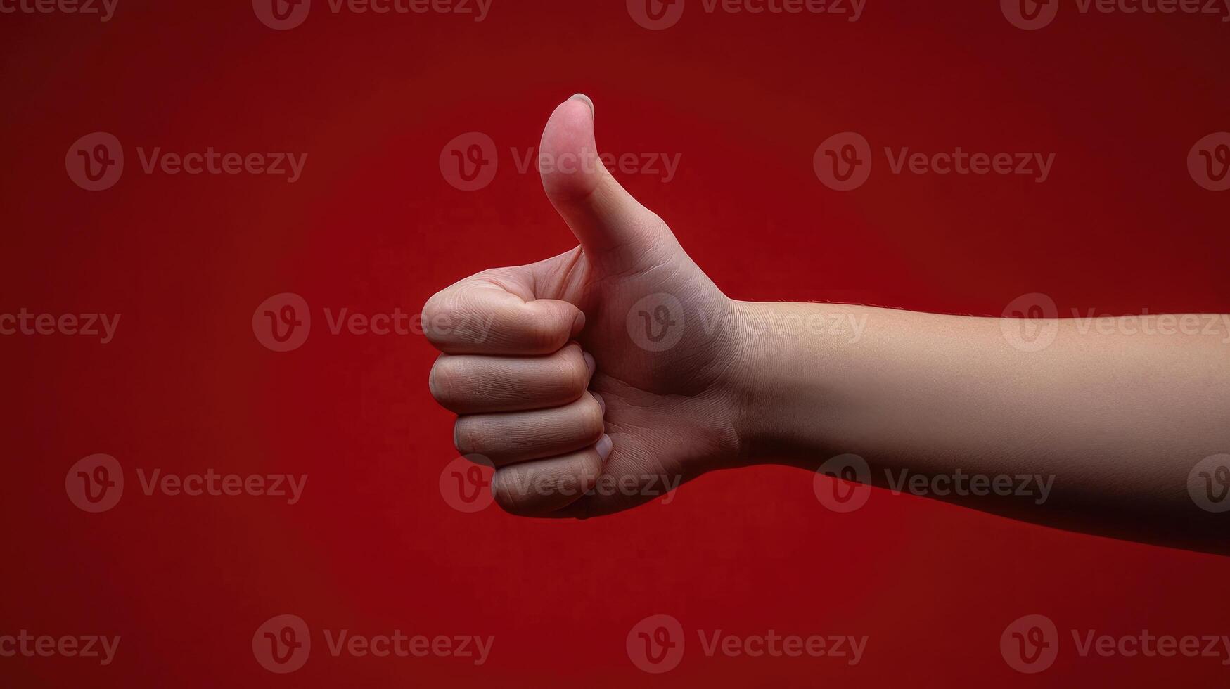 A Hand Giving a Thumbs Up Gesture Against a Red Background photo