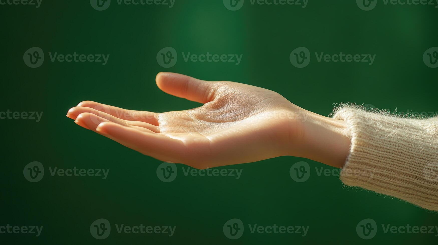 Close-up of an Open Hand with a Tan Sweater Sleeve Against a Green Background photo