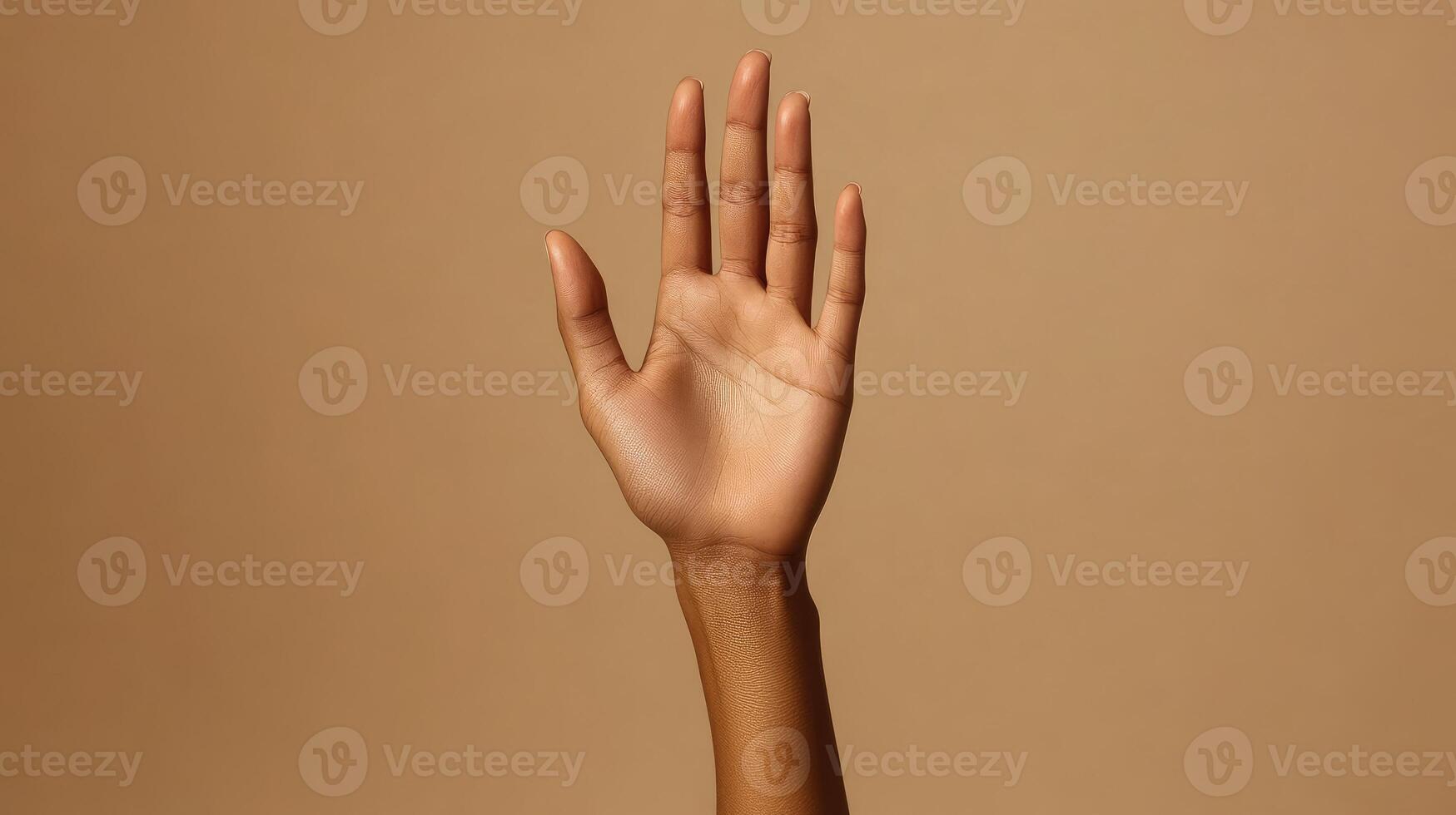 Close-up of a Person's Hand Raised with Palm Facing Forward photo