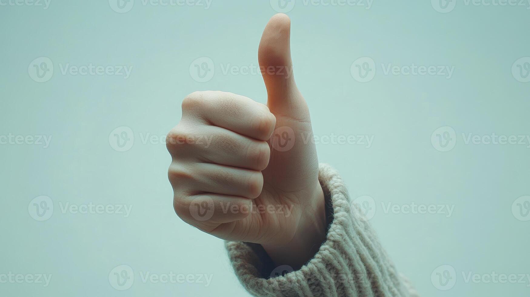 A hand giving a thumbs up gesture against a pale blue background photo