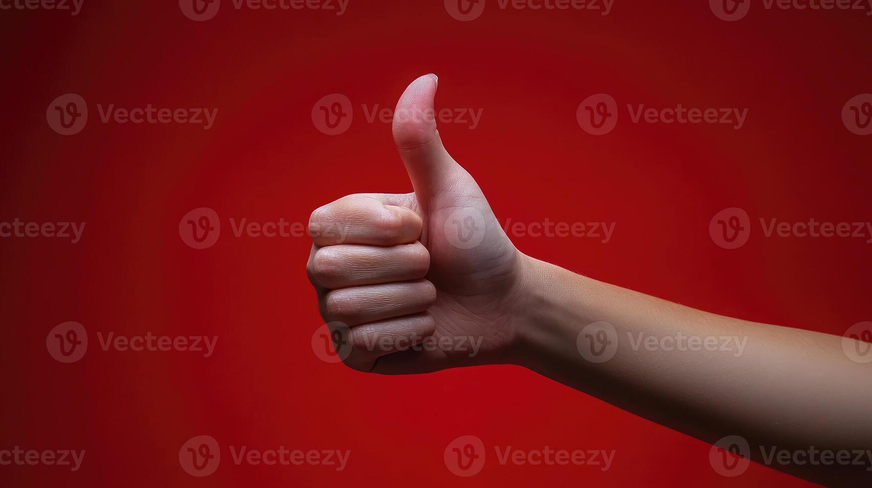 A Hand Giving a Thumbs Up Gesture Against a Red Background photo