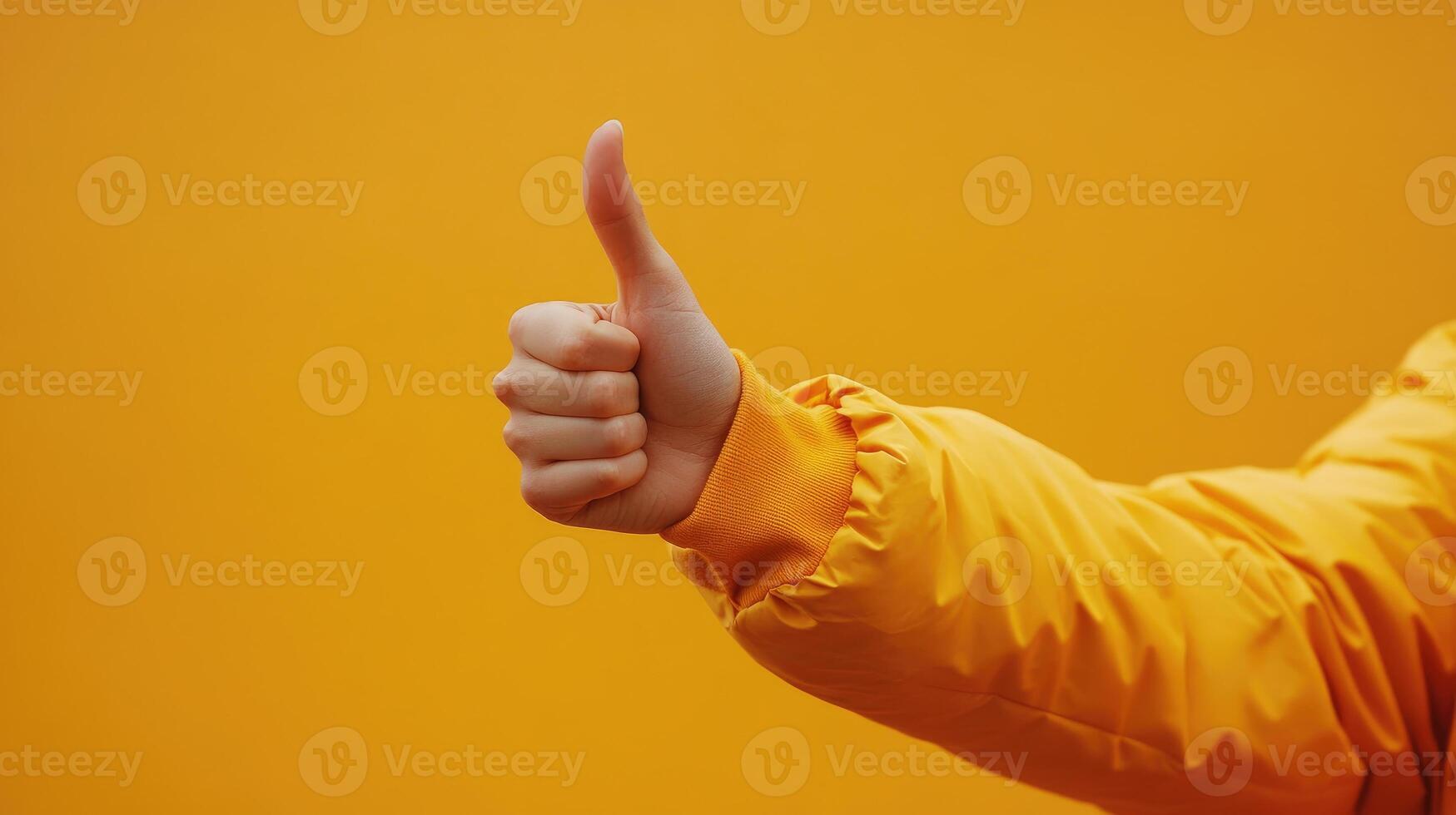 A Hand in a Yellow Jacket Giving a Thumbs Up Gesture photo