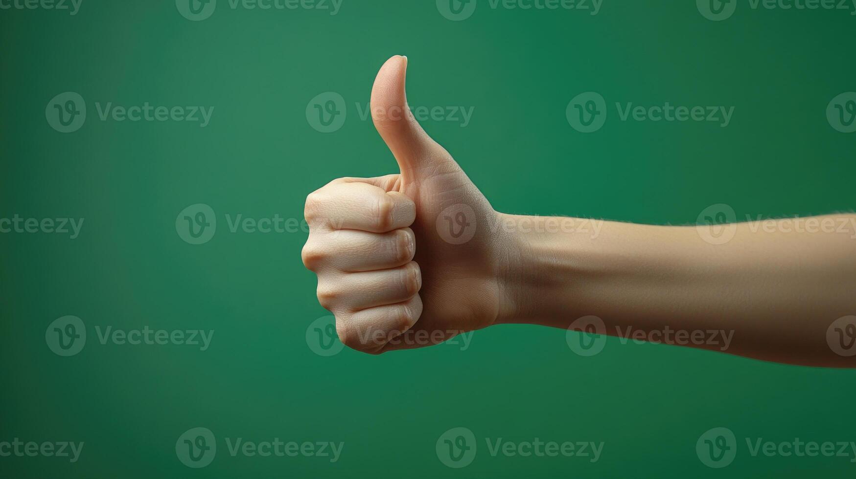 Close-up of a Hand Gesturing Thumbs Up Against a Green Background photo