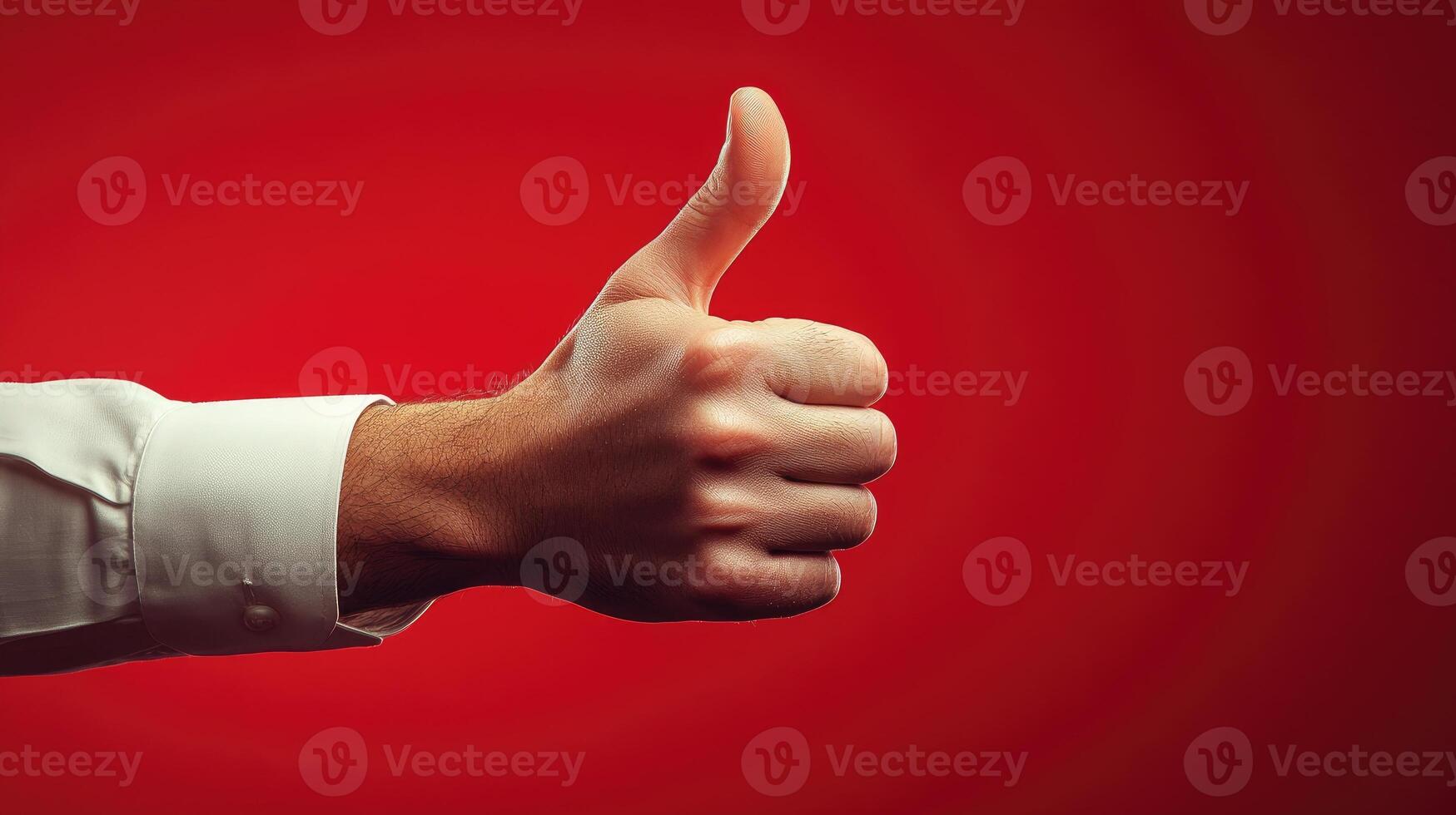 A Man's Hand Giving a Thumbs Up Gesture Against a Red Background photo