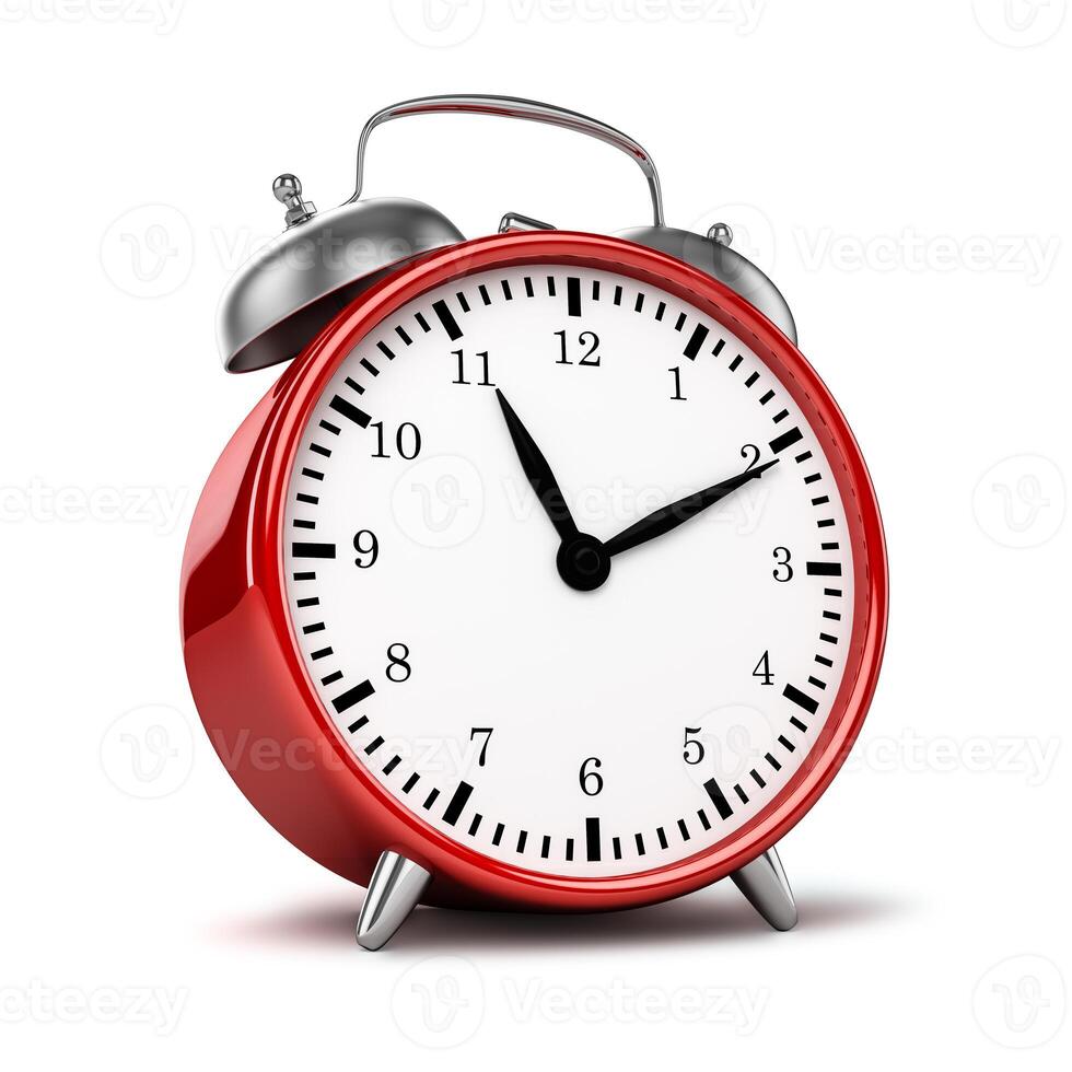 Red retro styled classic alarm clock isolated photo