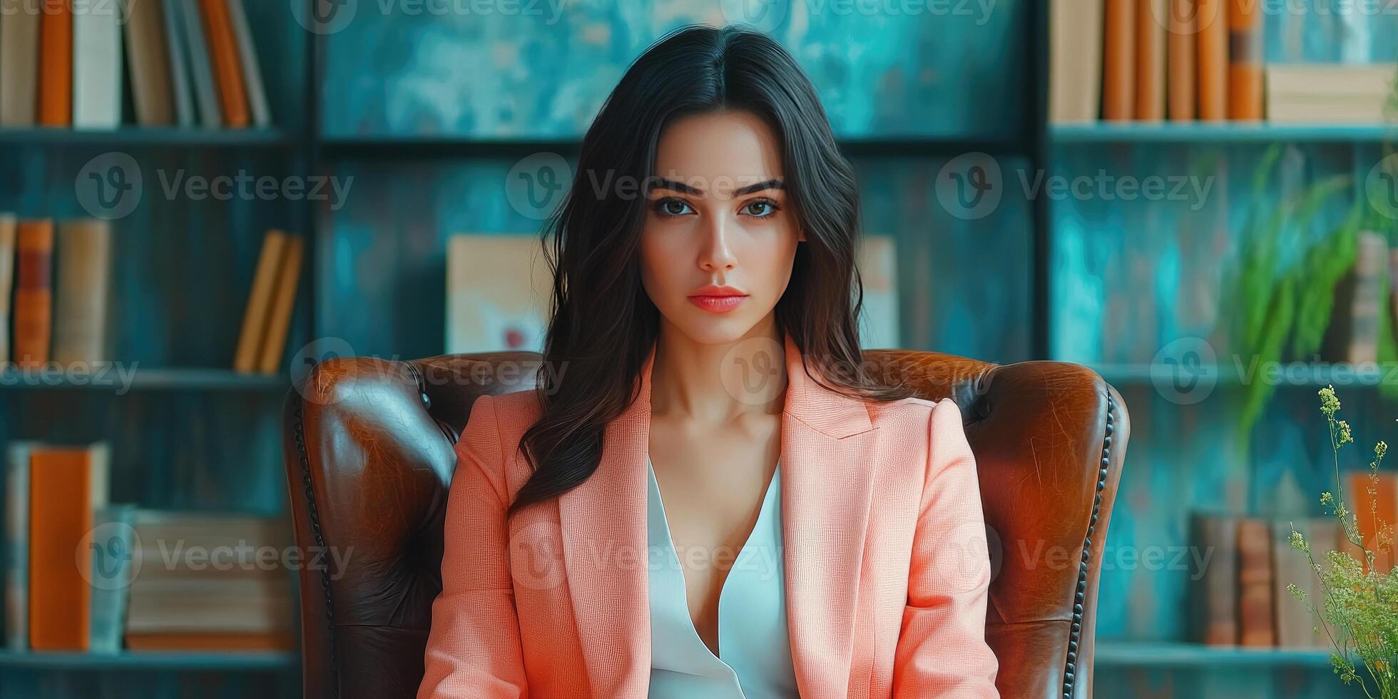 Portrait of a Young Woman in a Pink Blazer, Sitting in a Leather Chair photo