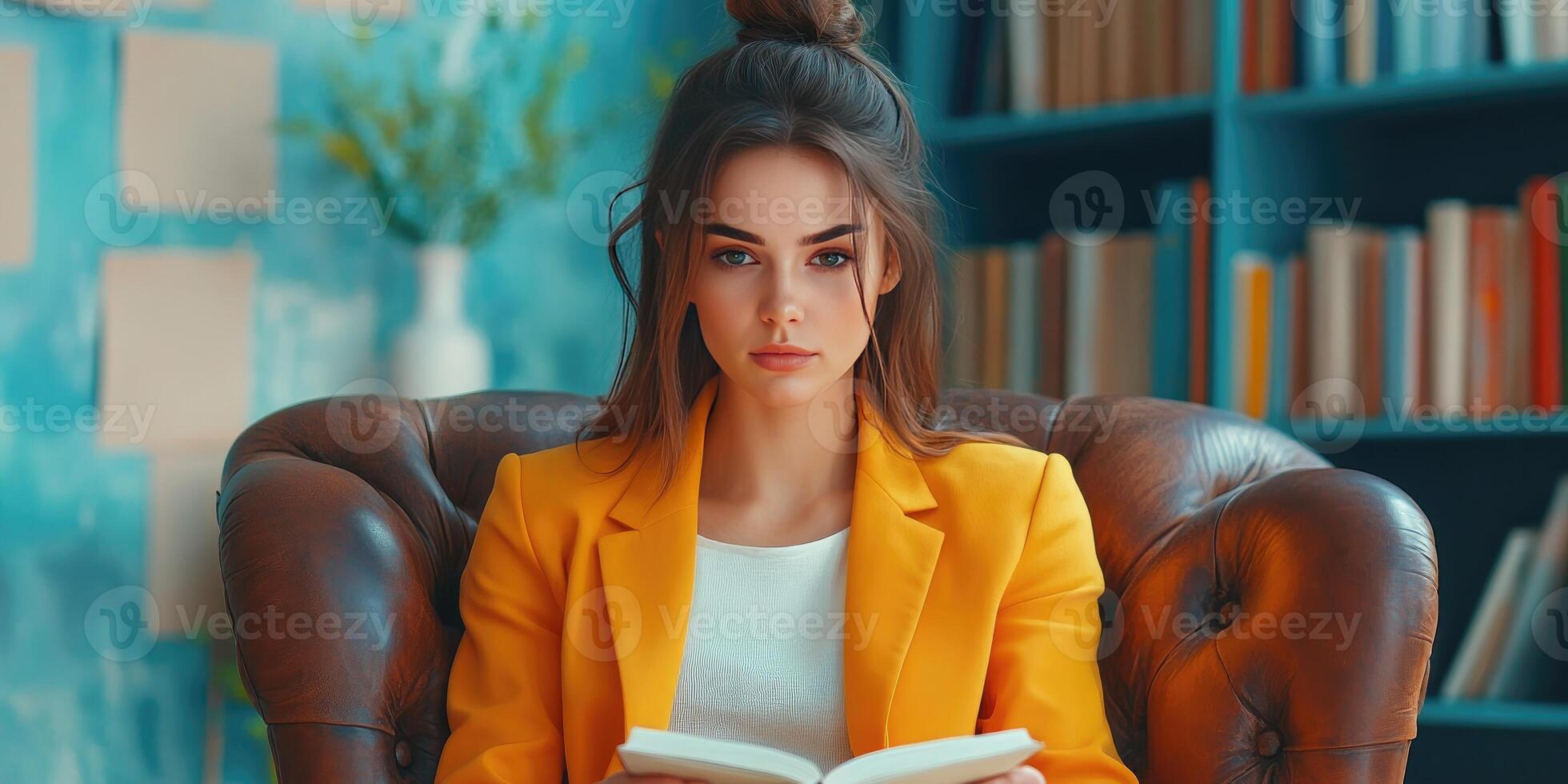 Woman in a Yellow Blazer Reading a Book in a Leather Armchair photo