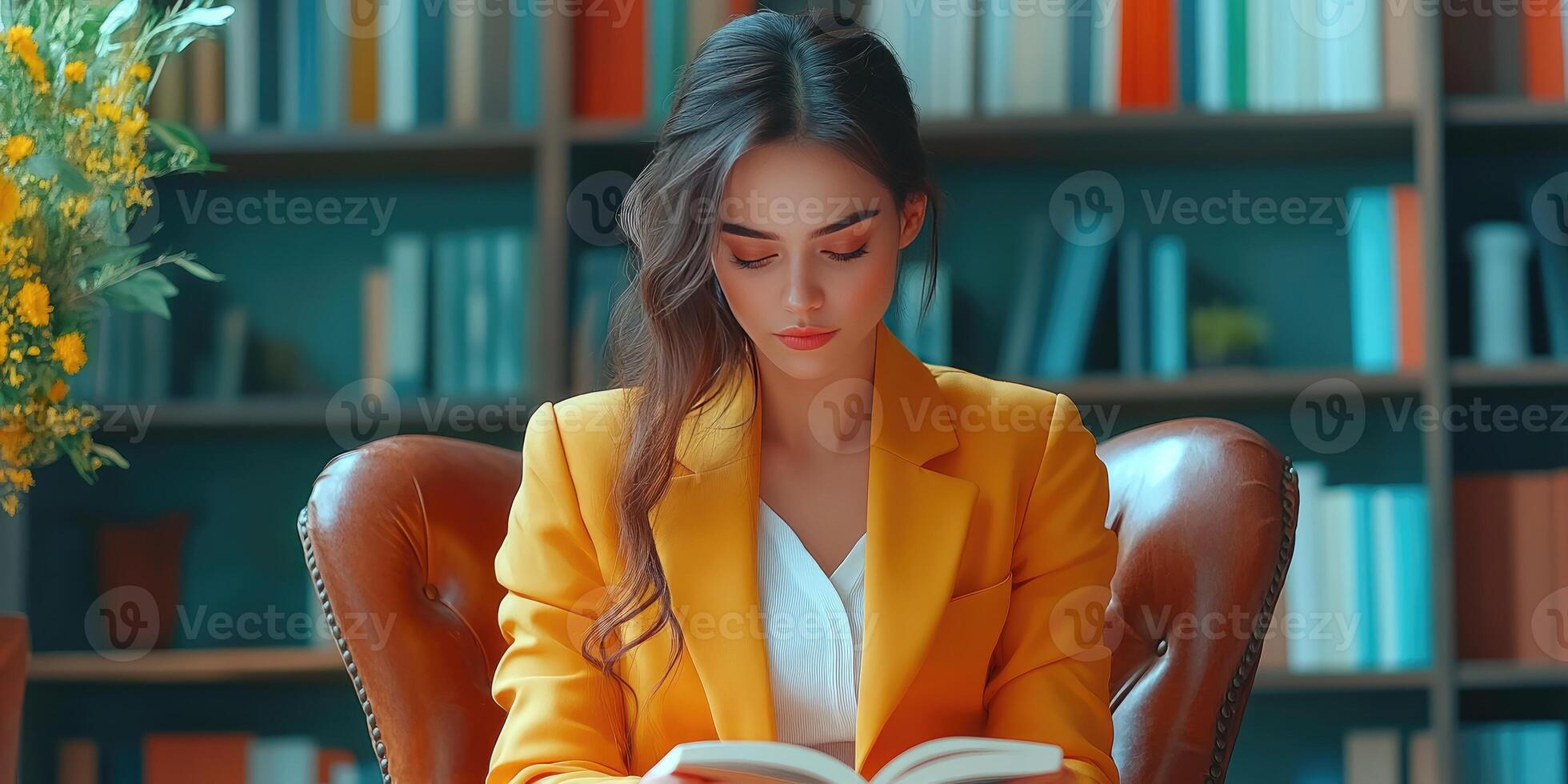 Young Woman in Yellow Jacket Reading a Book in a Library photo