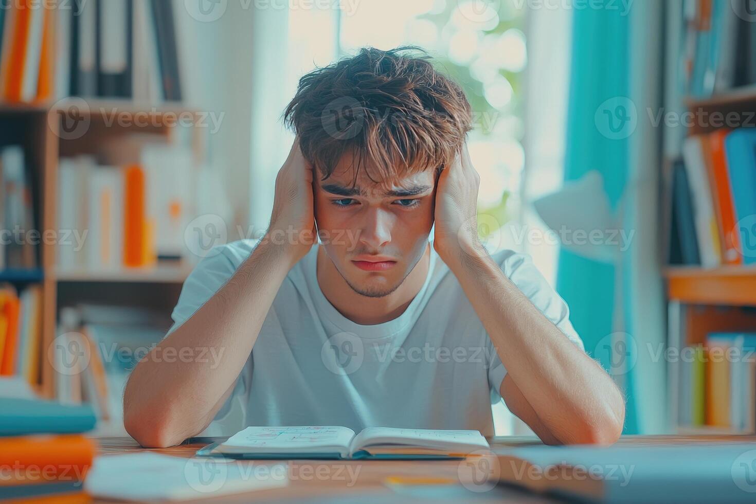 Young Man Feeling Overwhelmed by School Work photo