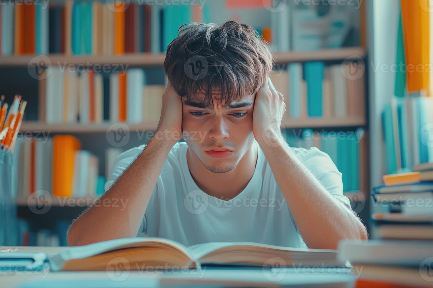 Young Man Feeling Overwhelmed While Studying in a Library photo