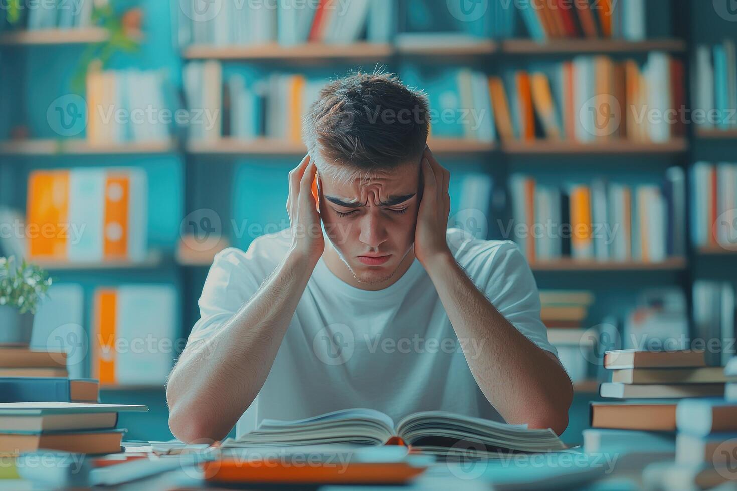 Young Man Experiencing Stress and Exhaustion While Studying photo