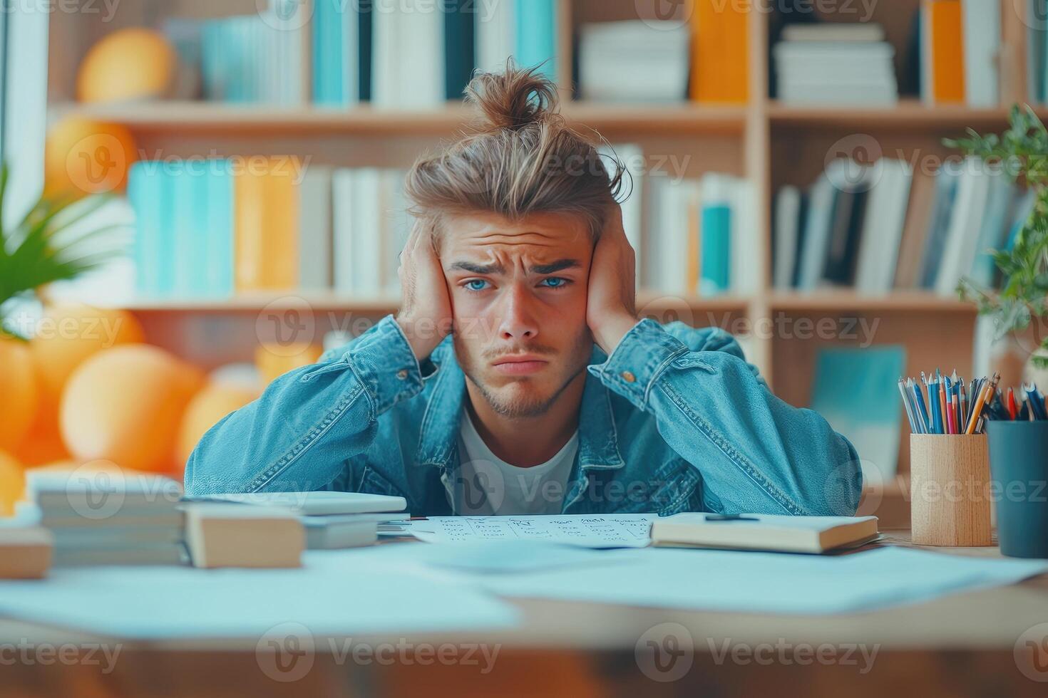 Frustrated Young Man Covering Ears While Sitting at a Desk with Books photo