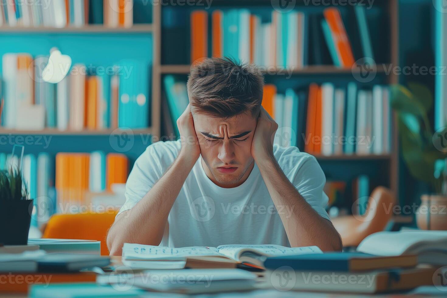 A young man experiencing stress while studying in a library photo