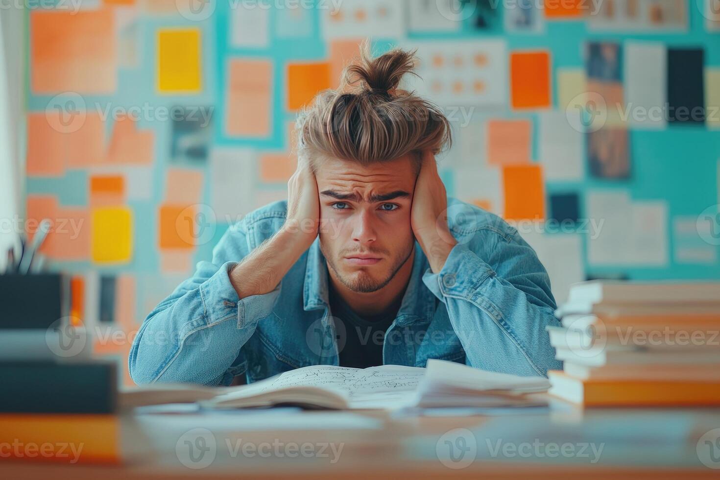 Frustrated Young Man Studying at a Desk with Notes and Books photo
