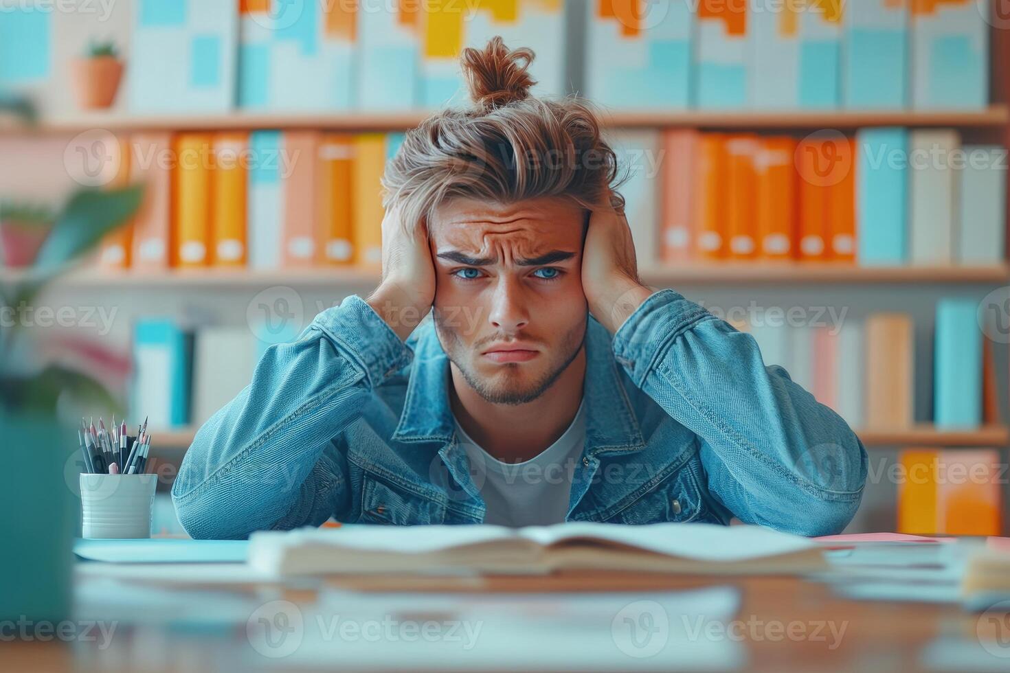 Frustrated Young Man Leaning on a Desk with Open Book photo