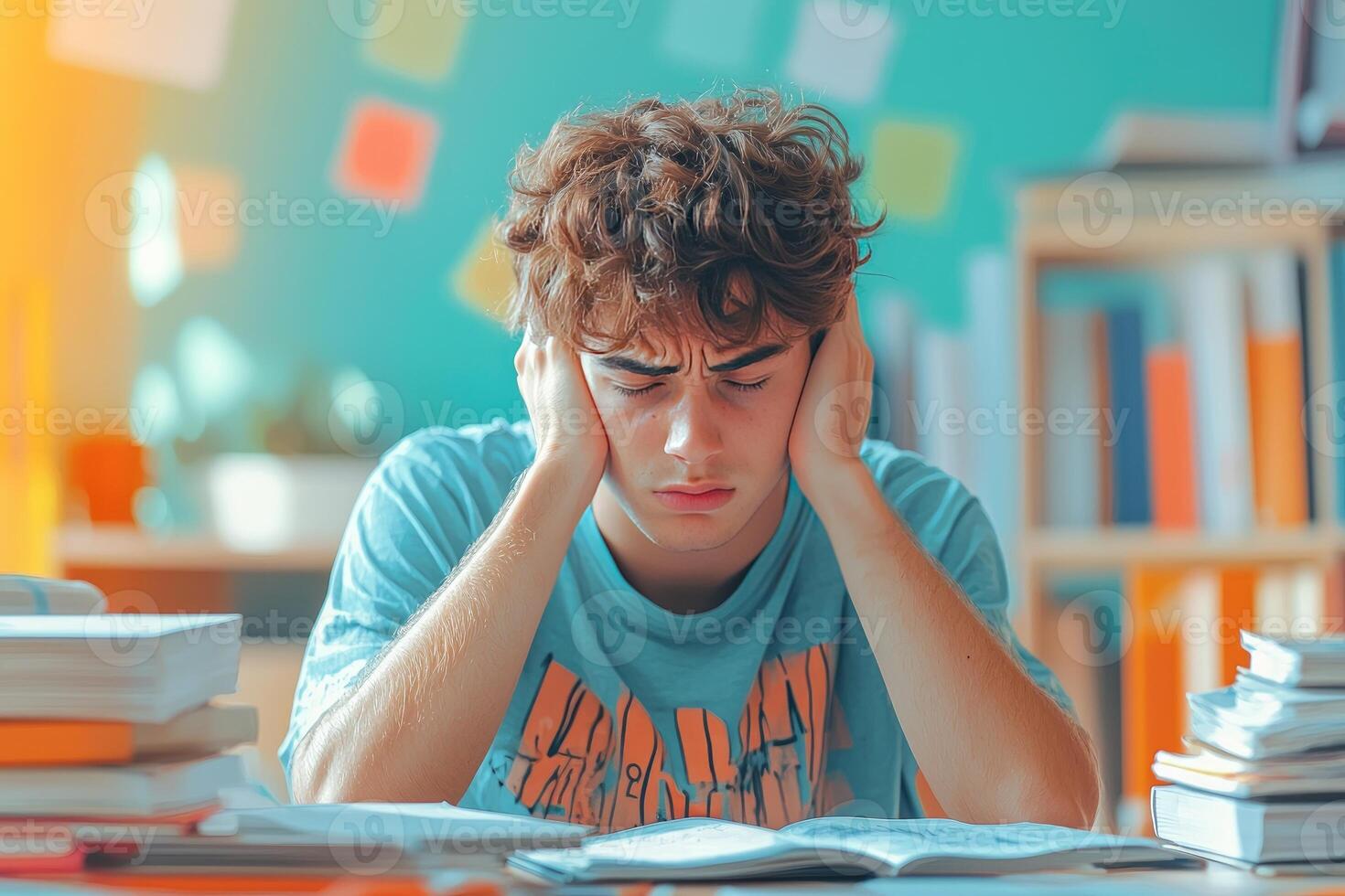 Teenager with curly hair covering ears, sitting at a desk with textbooks, stressed out photo