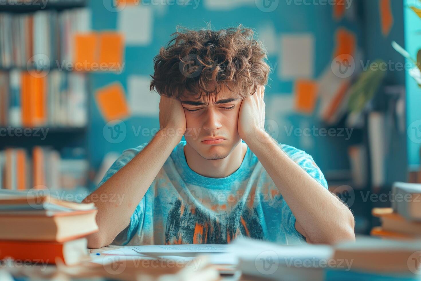 Stressed Young Man Covering His Ears With His Hands While Surrounded By Books photo