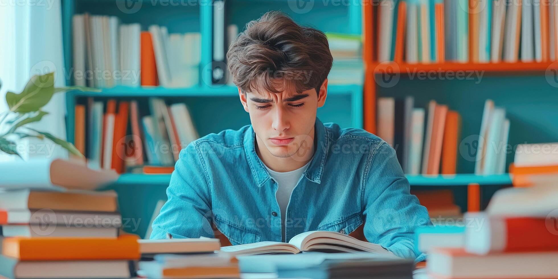 Young man studying in a library surrounded by books photo