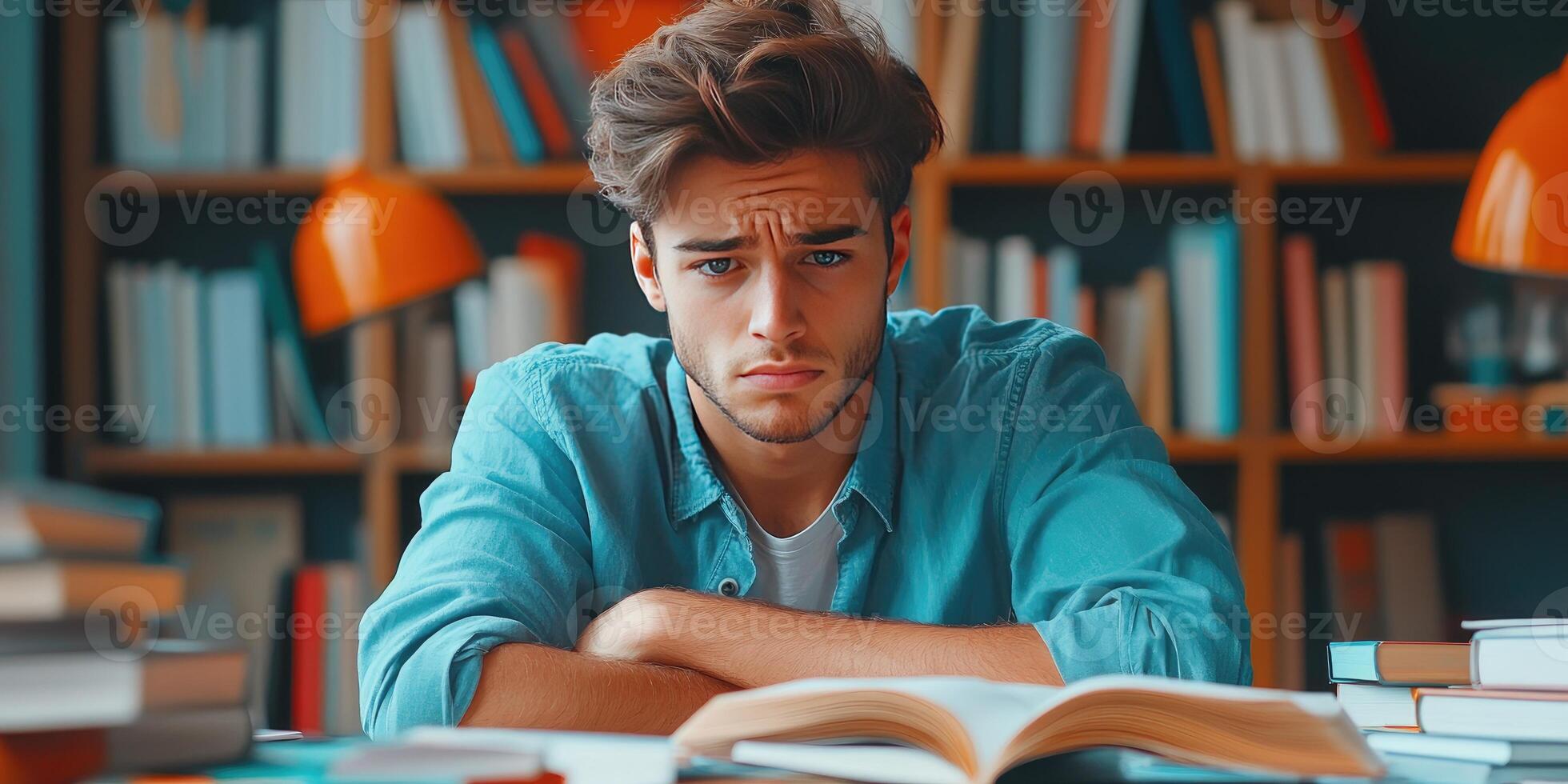 Young Man Studying in a Library with a Book Open in Front of Him photo