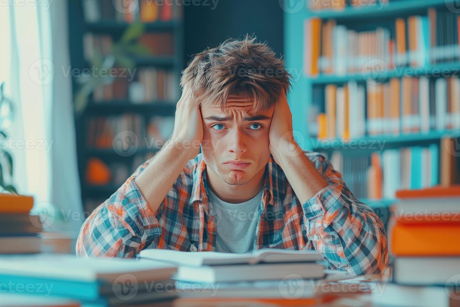 Frustrated Young Man with Hands on Head Surrounded by Books in a Library photo
