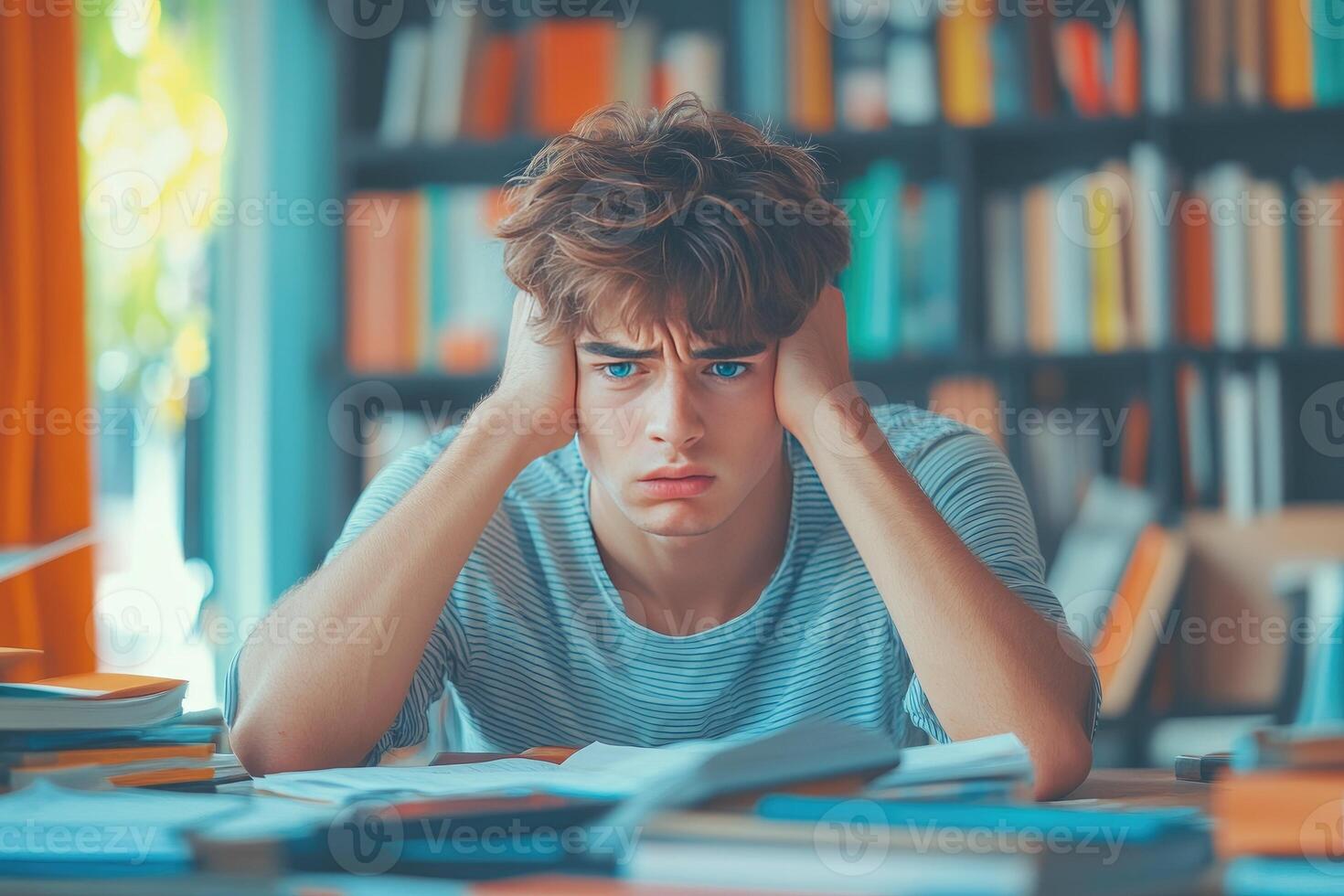 Frustrated Student with Blue Eyes in a Library Setting photo